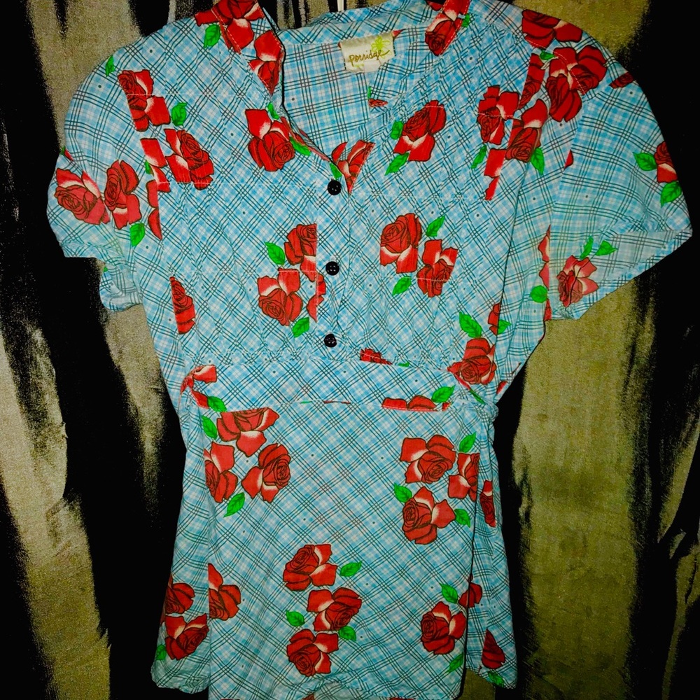 Porridge brand blue plaid cap sleeve blouse
